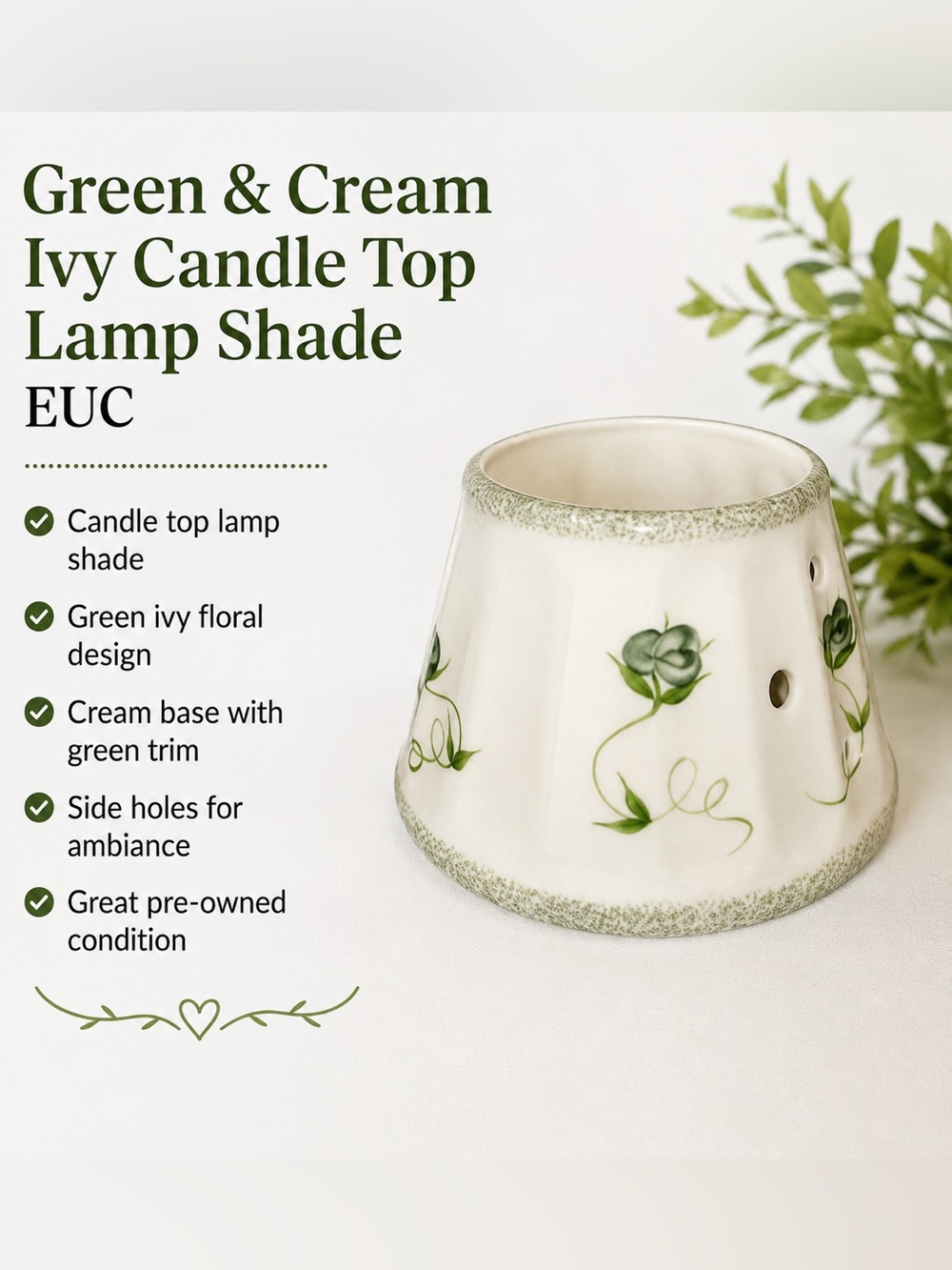 Green & Cream Ivy Candle top lamp shade EUC